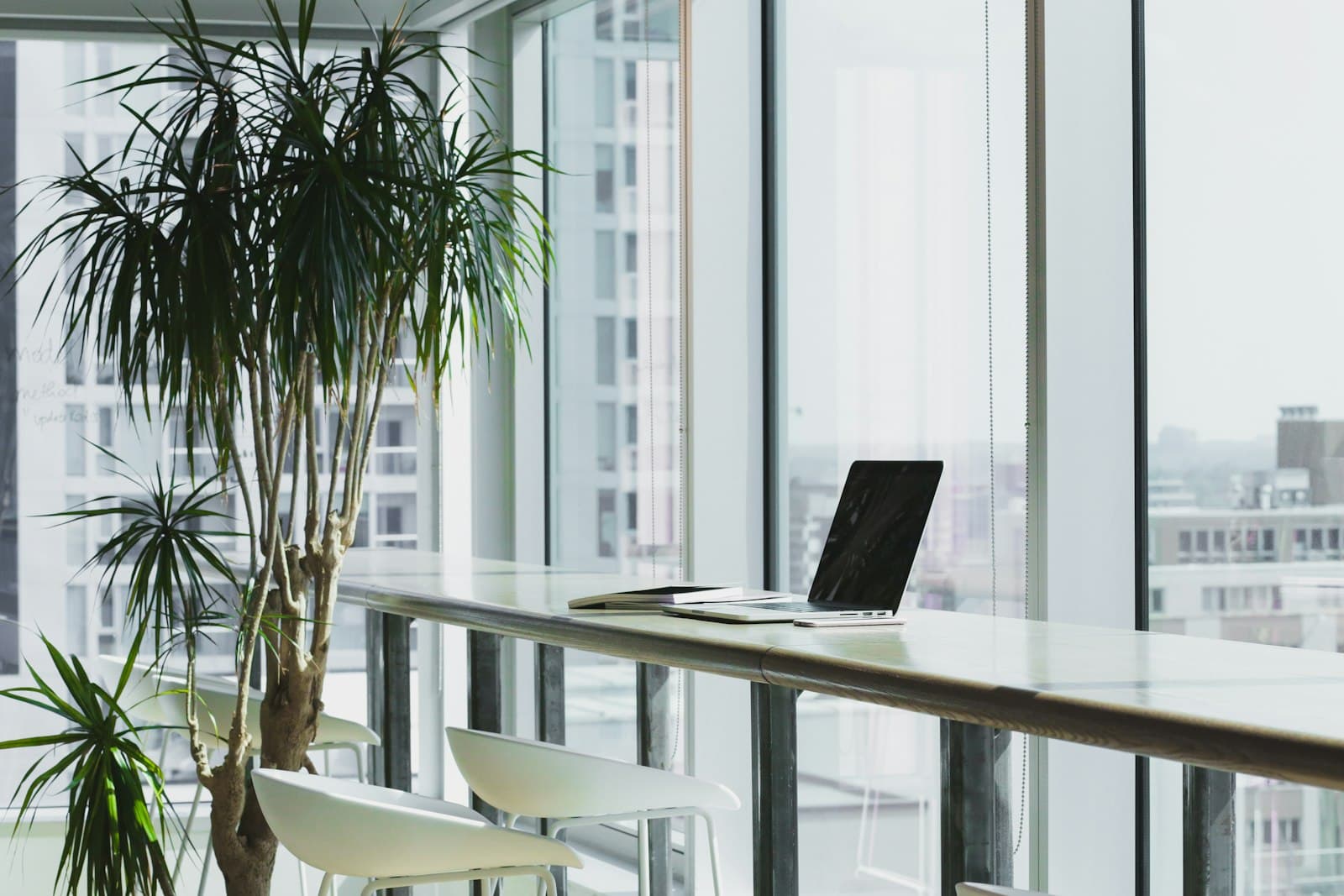 Laptop on a bright window counter in a planted office